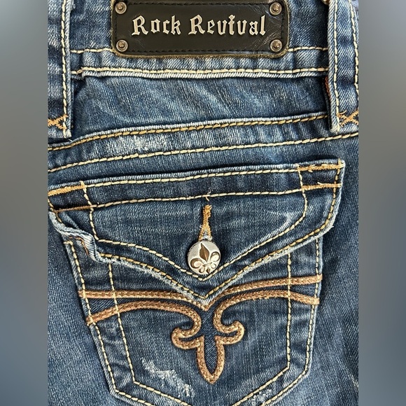 ROCK‎ REVIVAL WOMEN'S NOELLE BOOT CUT JEANS SIZE 30 FRAYED HEAVY STITCHING - Picture 6 of 16